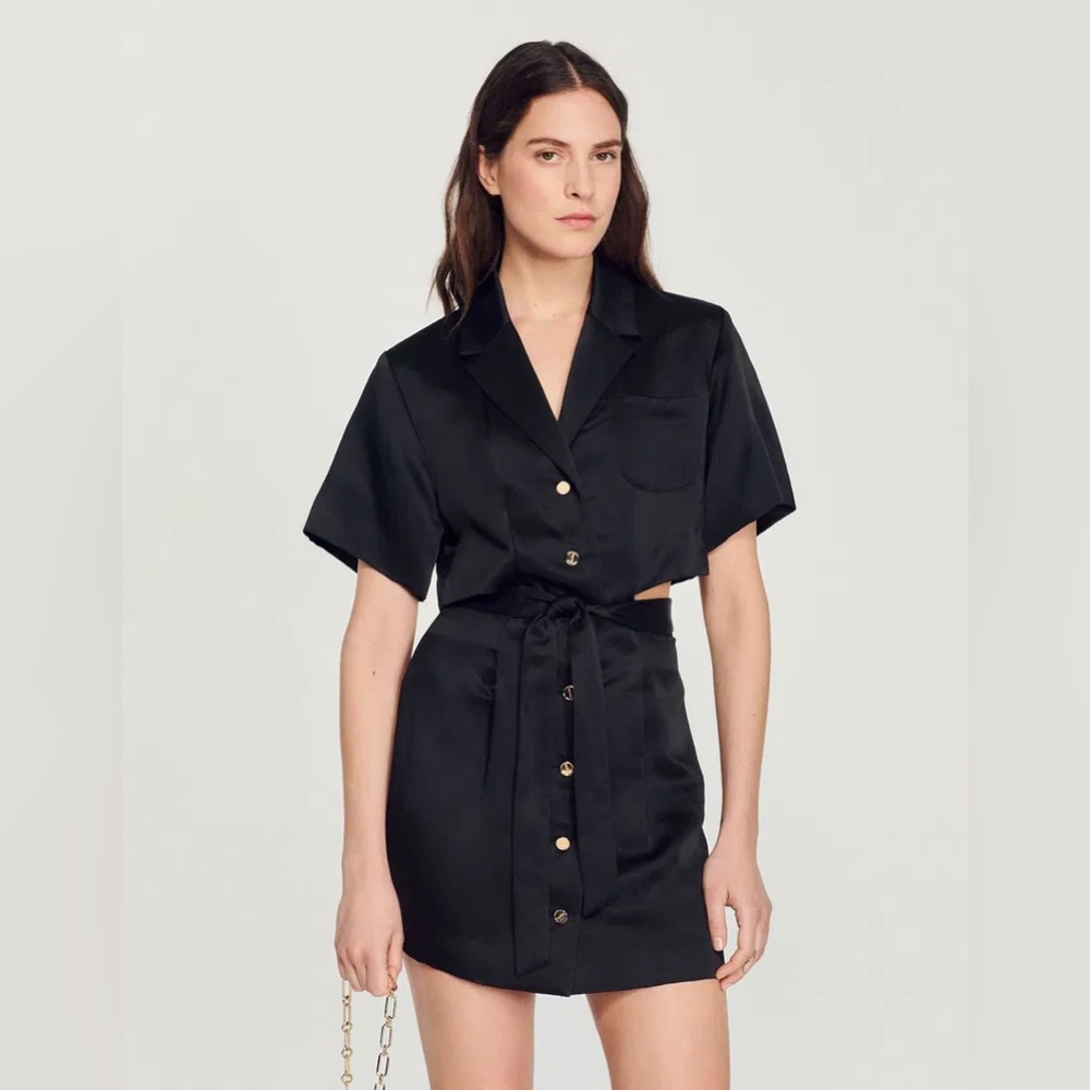 NWOT SANDRO Black Short Sleeve Dress with Side Cut-Outs Size 34 XS 0 2